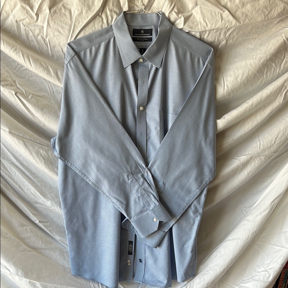 Hart Schaffner Marx Hidden Button-Down Blue Dress Shirt Long-Sleeve